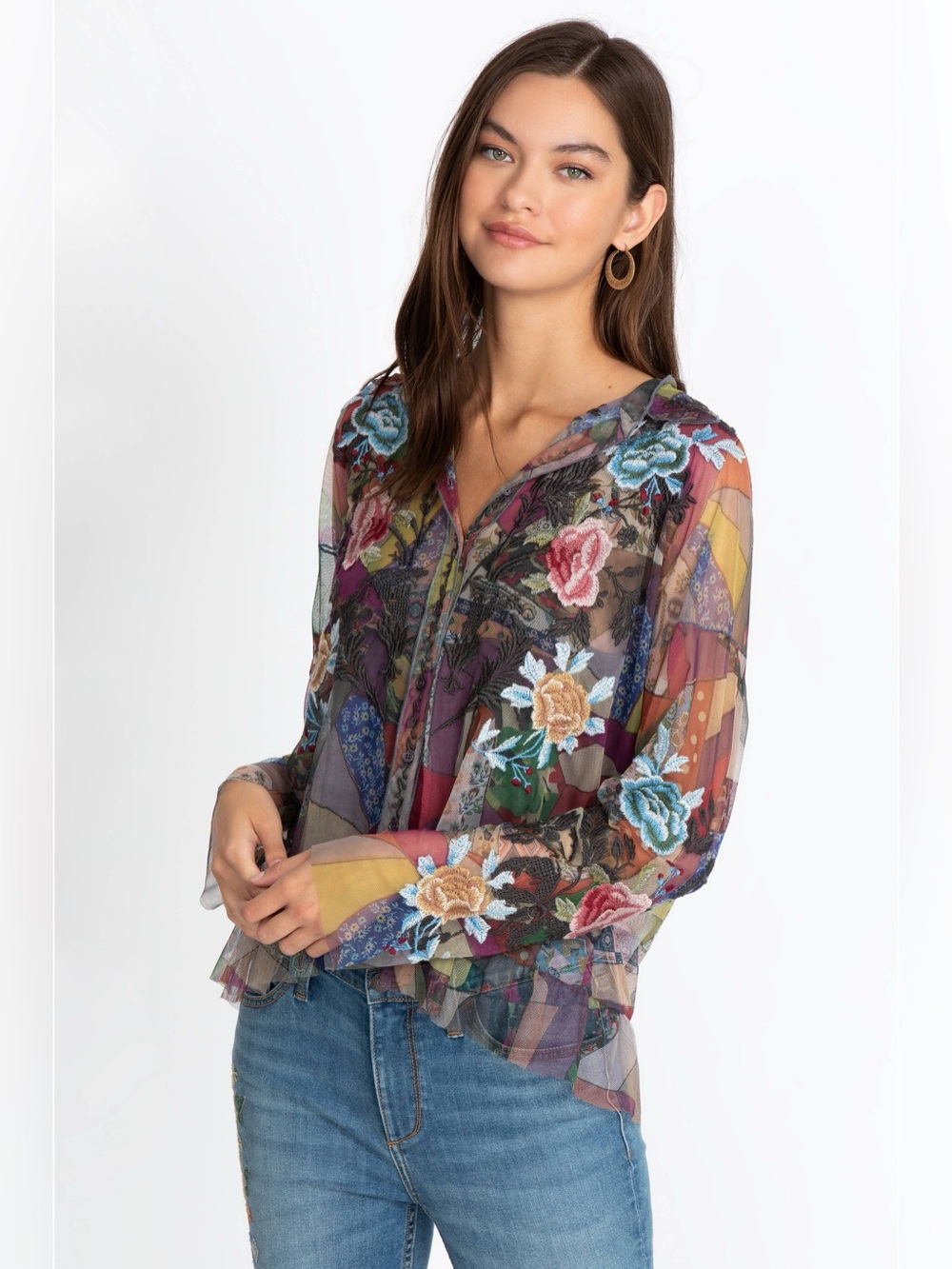 Johnny Was Zell Mesh Embroidered Button Up Blouse Top XL
